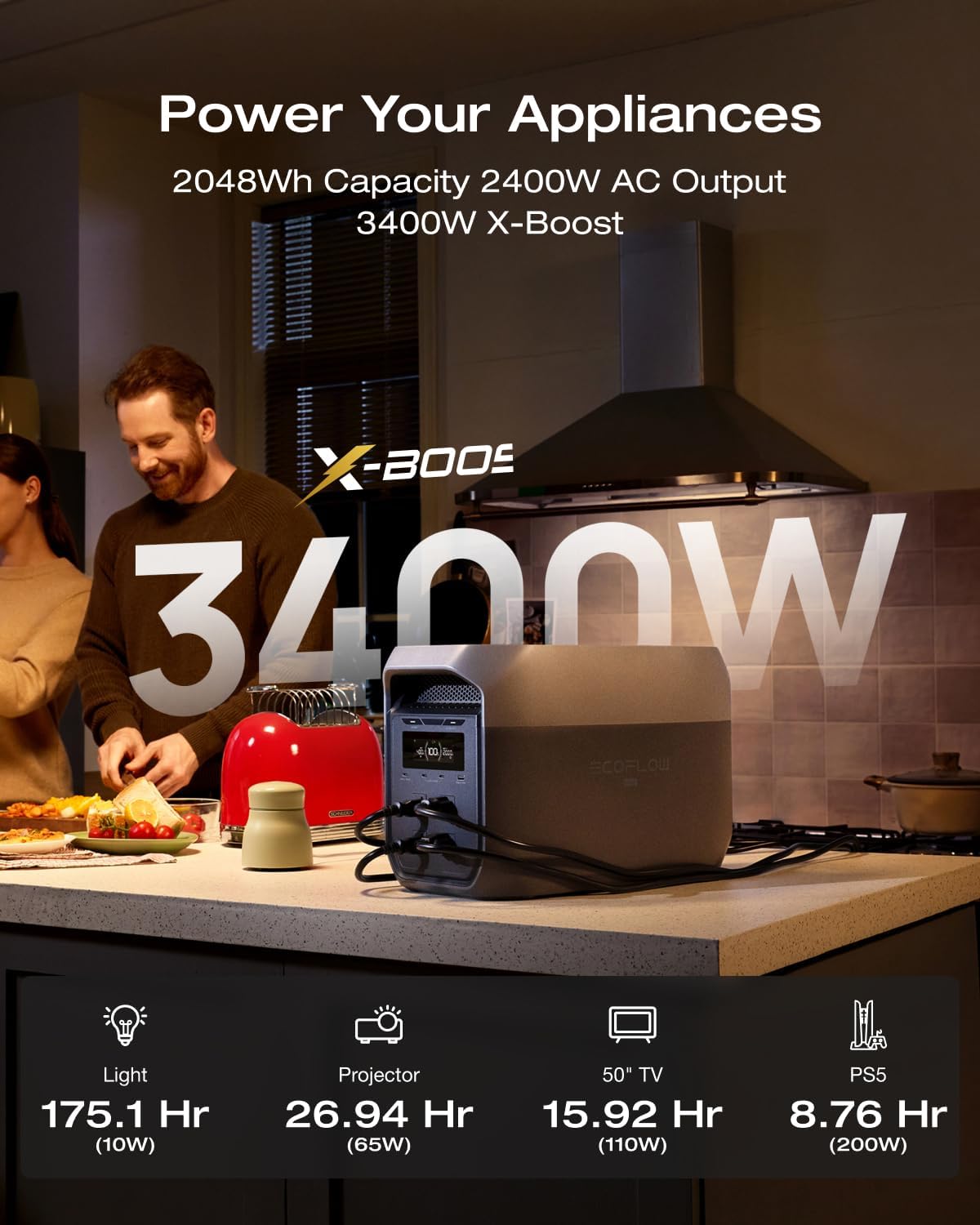 EF ECOFLOW DELTA 3 Max Portable Power Station, 2048Wh LFP Battery, 2400W