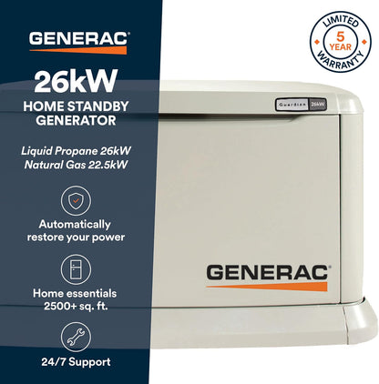 Generac Guardian 26kW Home Generator, Transfer Switch & WiFi Monitoring