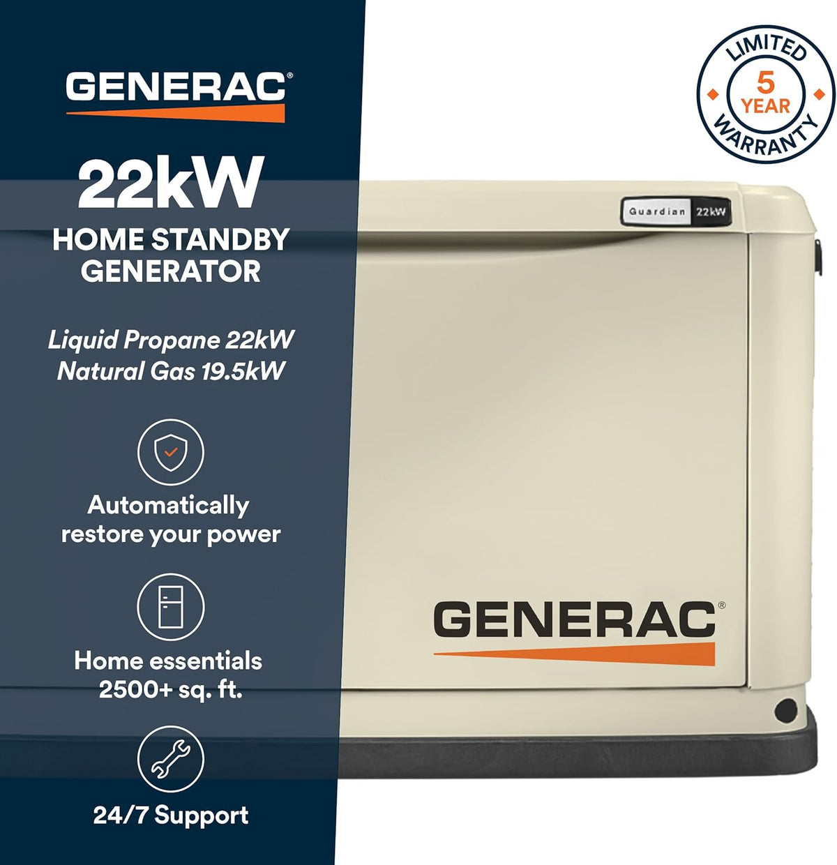 Generac Guardian 22kW Home Generator, Transfer Switch & WiFi Monitoring