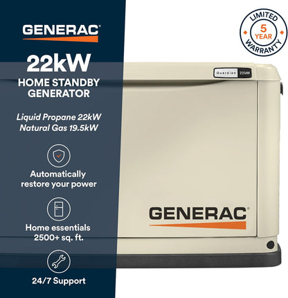 Generac Guardian 22kW Home Generator, Transfer Switch & WiFi Monitoring