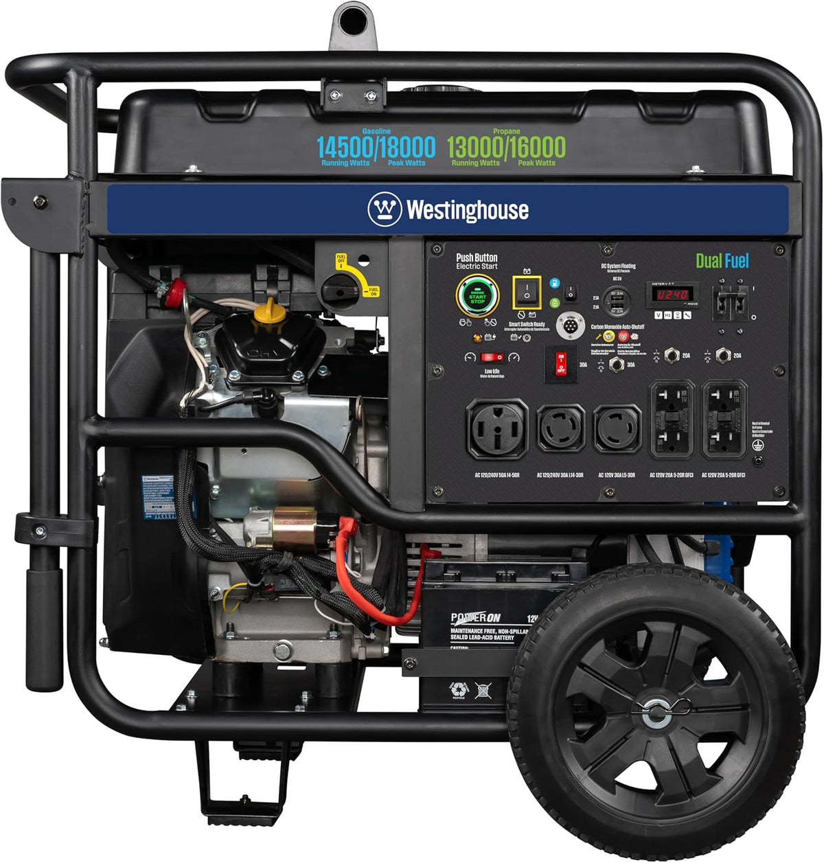 Westinghouse 18000 Peak Watt Dual Fuel Home Backup Portable Generator, Remote Electric Start, Transfer Switch Ready, Gas & Propane Powered, CO Sensor