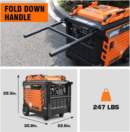 GENMAX Tri Fuel Generator,10500-Watt 458cc Tri Fuel Gasoline Propane Natural Gas Portable 50A Generator with Remote Start,Ideal for Home backup power.