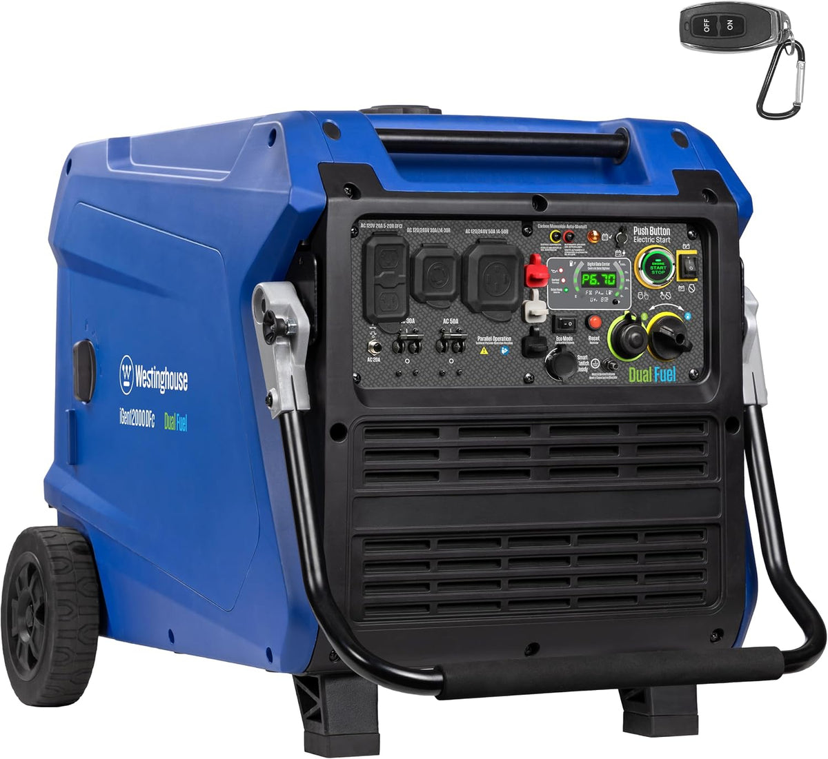 Westinghouse 12000 Peak Watt Dual Fuel Portable Inverter Generator, Remote Electric Start, Transfer Switch Ready, Gas and Propane Powered, Low THD - Safe for Electronics, Parallel Capable, CO Sensor