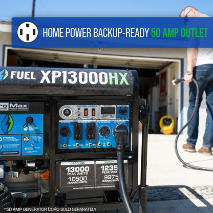 DuroMax XP13000HX 13,000-Watt Dual Fuel Portable Generator - Gas & Propane, Electric Start, Whole Home Power Backup, Transfer Switch Ready, RV & Emergency Ready