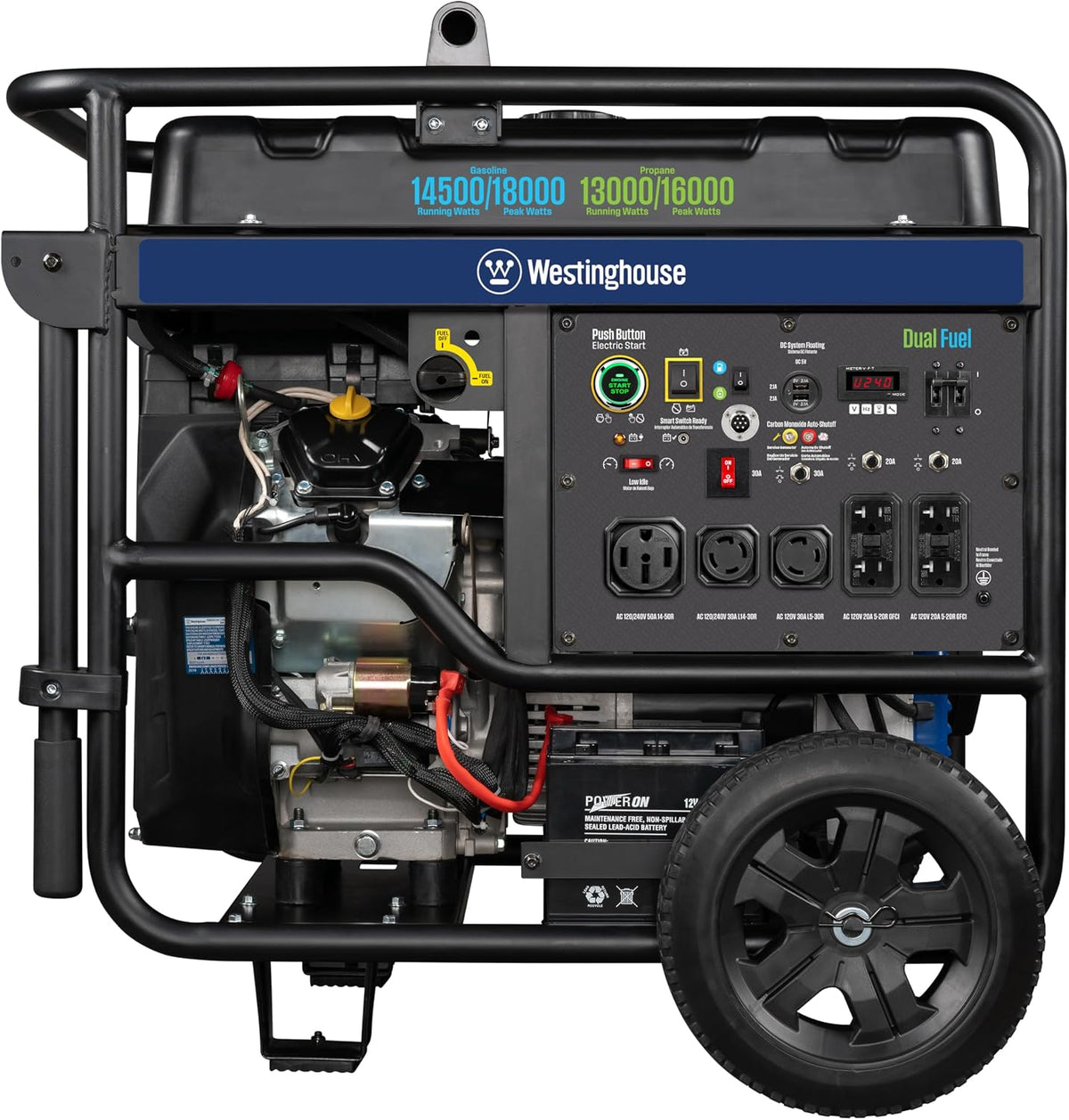 Westinghouse 18000 Peak Watt Dual Fuel Home Backup Portable Generator, Remote Electric Start, Transfer Switch Ready, Gas & Propane Powered, CO Sensor