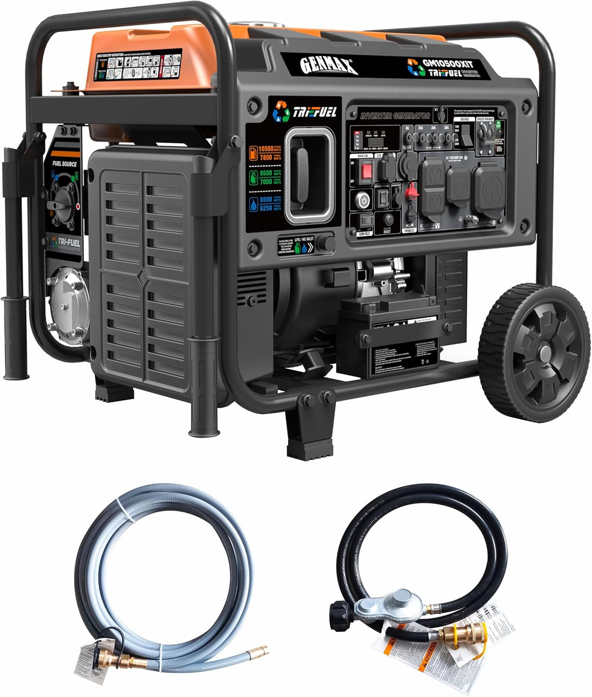 GENMAX 10500 Peak Watt Tri Fuel Open Frame Inverter Generator,with ATS,CO Sensor,digital display and 50A,Ideal for Home backup,contruction site and RV Camping (GM10500XiT)