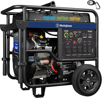 Westinghouse 18000 Peak Watt Tri-Fuel Home Backup Portable Generator, Remote Electric Start, Transfer Switch Ready, Gas, Propane, and Natural Gas Powered, CO Sensor