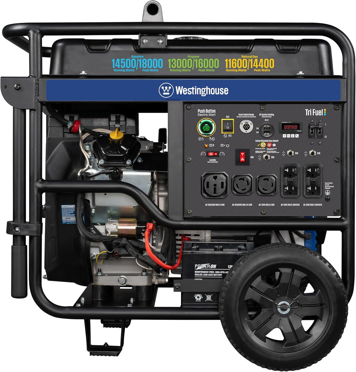 Westinghouse 18000 Peak Watt Tri-Fuel Home Backup Portable Generator, Remote Electric Start, Transfer Switch Ready, Gas, Propane, and Natural Gas Powered, CO Sensor