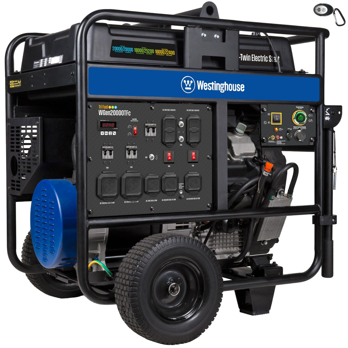 Westinghouse 28000 Peak Watt Home Backup Portable Generator, Remote Electric Start with Auto Choke, Transfer Switch Ready 30A & 50A Outlets, Gas Powered, CO Sensor,Blue