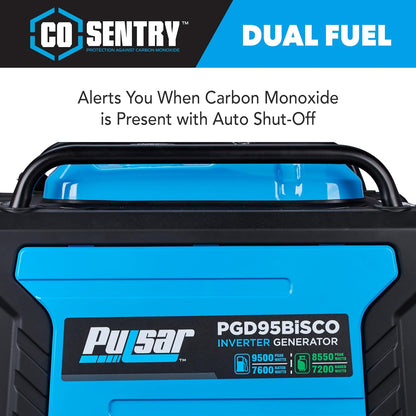 Pulsar PGD95BISCO Super Quiet Dual Fuel 9500W Home Use Backup Portable Inverter Generator With Remote Control and electric start (CO, low battery and low oil Shutoff), RV ready