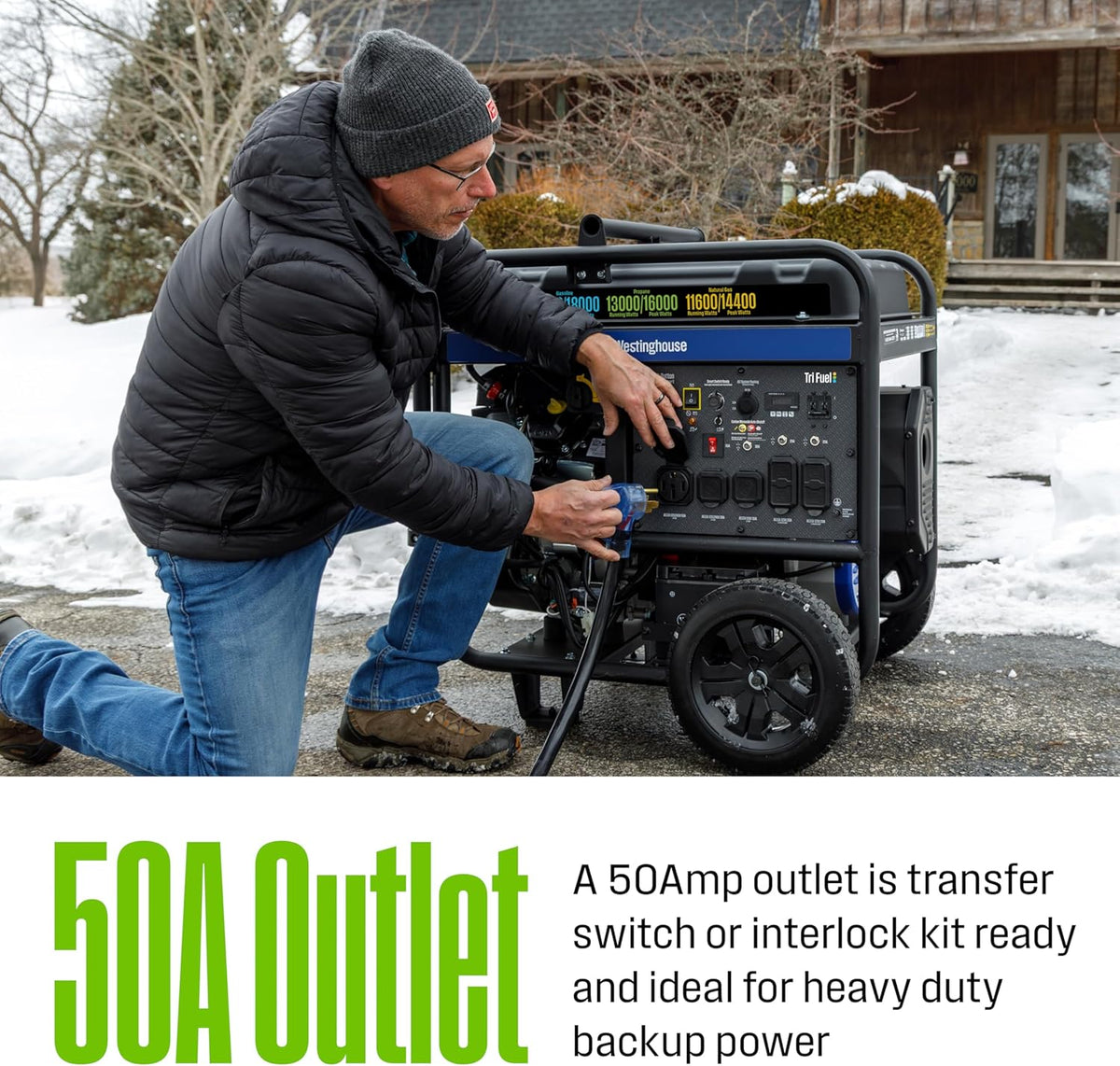 Westinghouse 18000 Peak Watt Tri-Fuel Home Backup Portable Generator, Remote Electric Start, Transfer Switch Ready, Gas, Propane, and Natural Gas Powered, CO Sensor