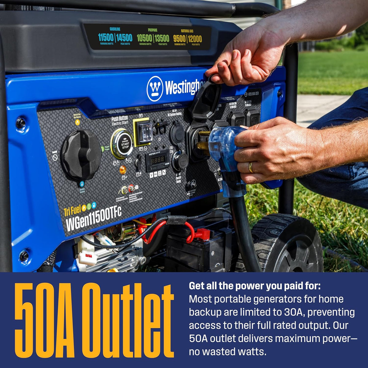 Westinghouse 14500 Peak Watt Tri-Fuel Home Backup Portable Generator, Remote Electric Start, Transfer Switch Ready, Gas, Propane, and Natural Gas Powered