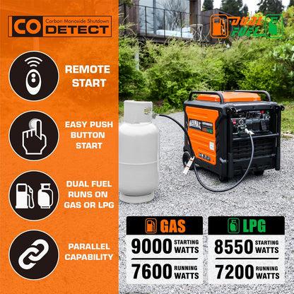 GENMAX Portable Generator, 9000W Super QuietDual Fuel Portable Engine with Parallel Capability, Remote/Electric Start, Ideal for Home backup power.EPA Compliant (GM9000iED)